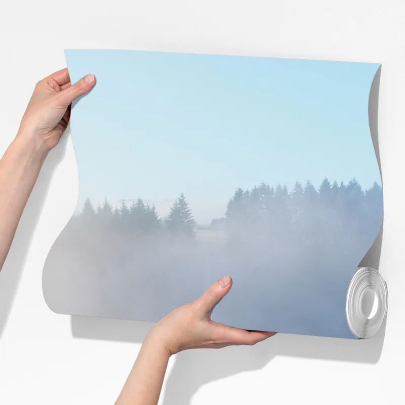 Fototapete neblige hängebrücke, die in den wald führt Fototapete neblige hängebrücke, die in den wald führt