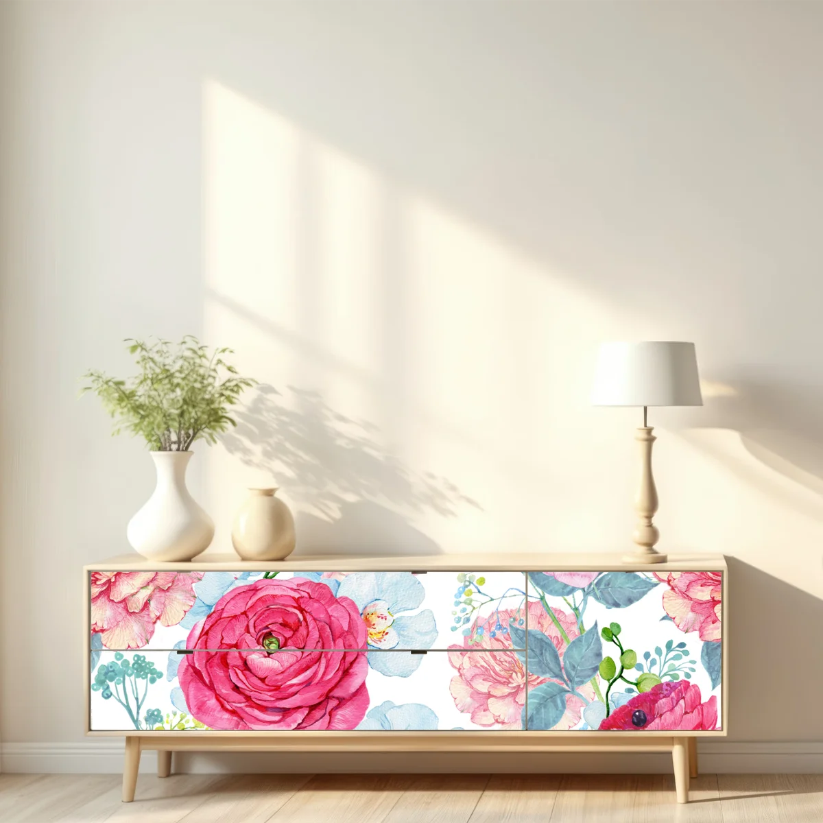 Repositionierbarer Aufkleber rosa aquarell blumengarten mit kolibri Repositionierbarer Aufkleber rosa aquarell blumengarten mit kolibri