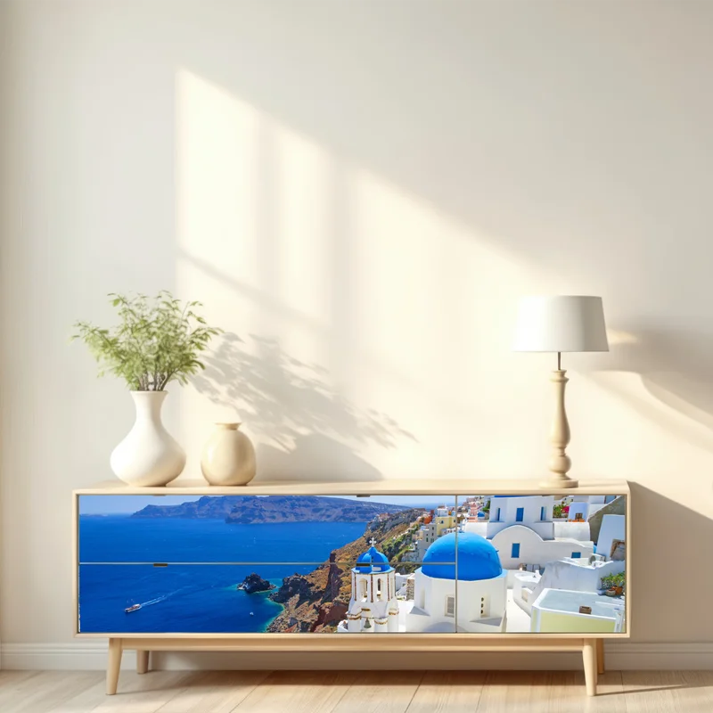 Repositionierbarer Aufkleber Santorini blaue kuppeln über der kaldera