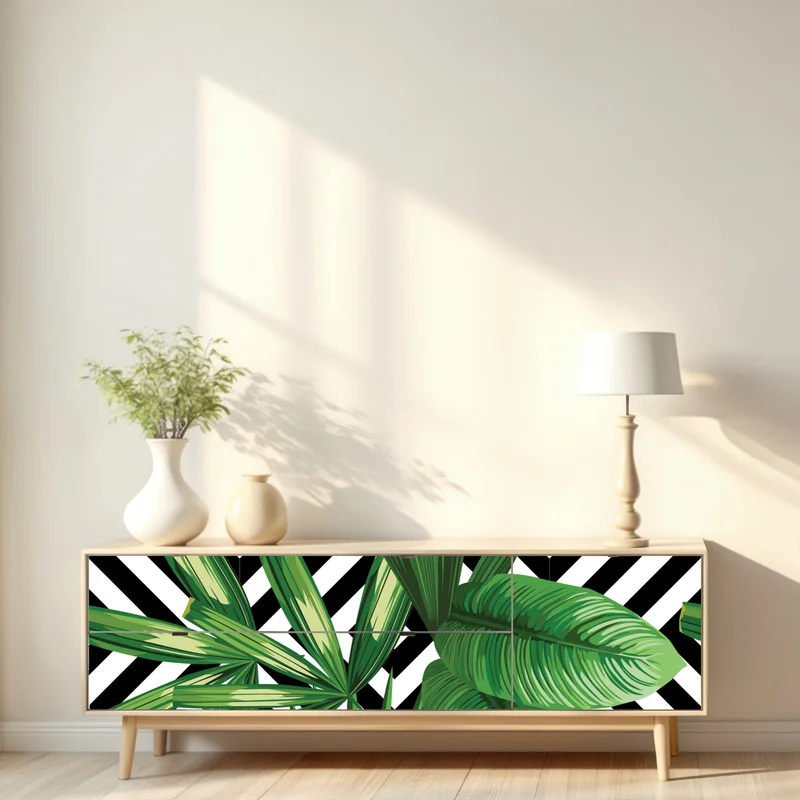 Repositionierbarer Aufkleber tropische blätter mit geometrischem muster Repositionierbarer Aufkleber tropische blätter mit geometrischem muster