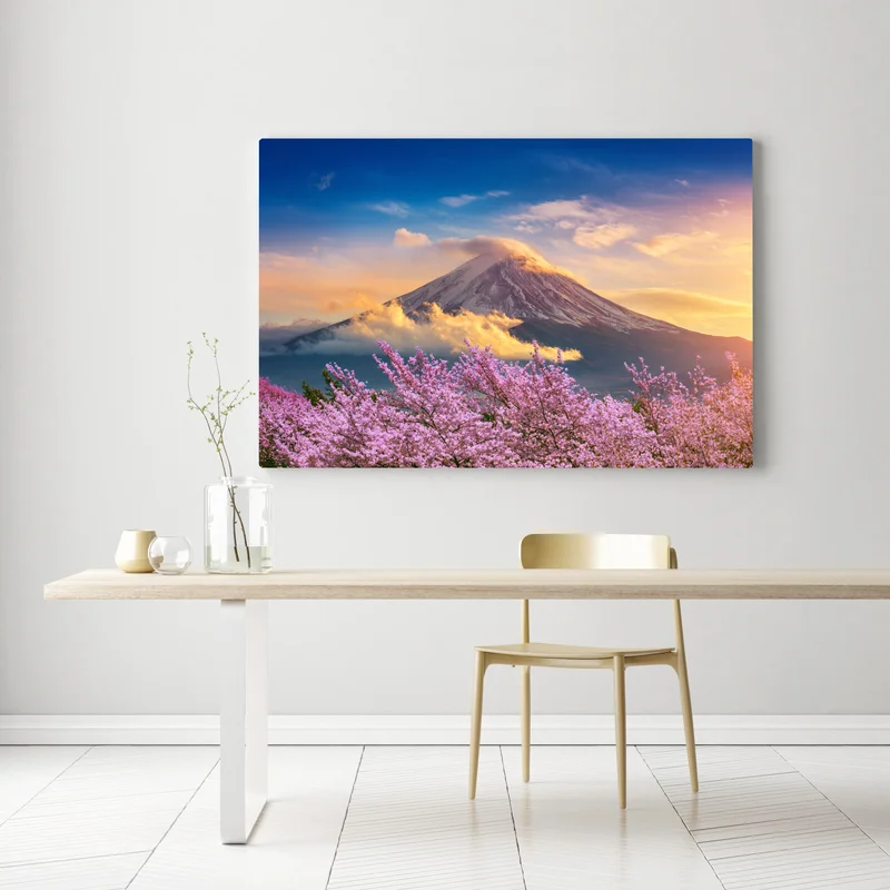 Leinwandbild Berg Fuji mit blühenden kirschblüten bei sonnenaufgang Leinwandbild Berg Fuji mit blühenden kirschblüten bei sonnenaufgang