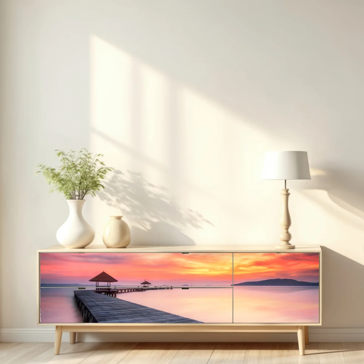 Repositionierbarer Aufkleber ruhiger sonnenaufgang über hölzernem steg Repositionierbarer Aufkleber ruhiger sonnenaufgang über hölzernem steg