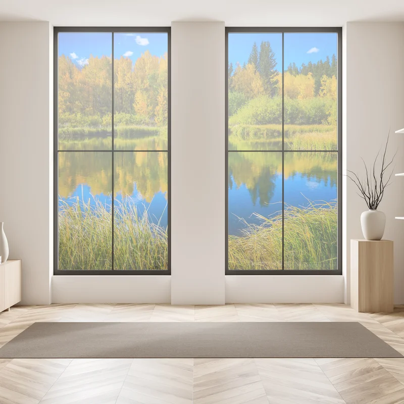 Fensteraufkleber herbstbäume spiegeln sich in einem ruhigen see