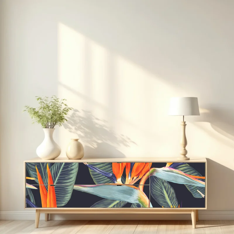 Repositionierbarer Aufkleber tropisches muster mit strelitzien Repositionierbarer Aufkleber tropisches muster mit strelitzien