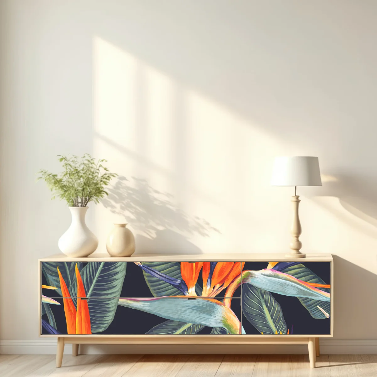 Repositionierbarer Aufkleber tropisches muster mit strelitzien Repositionierbarer Aufkleber tropisches muster mit strelitzien