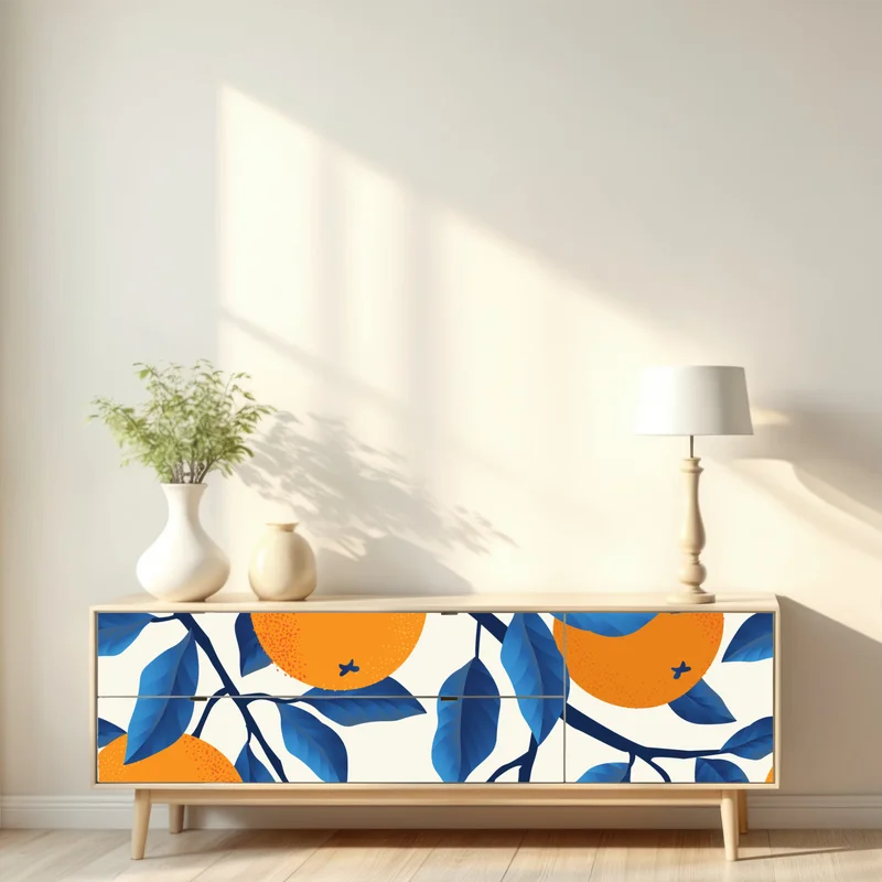 Repositionierbarer Aufkleber kräftiges zitrusmuster in orange und blau