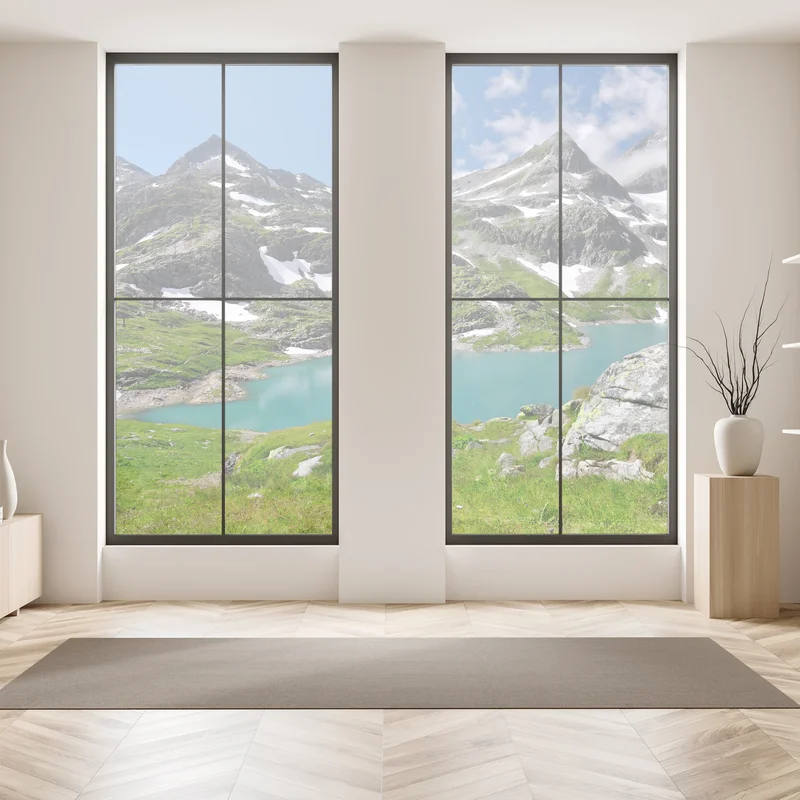 Fensteraufkleber bergsee mit türkiswasser und gebirgspanorama Fensteraufkleber bergsee mit türkiswasser und gebirgspanorama