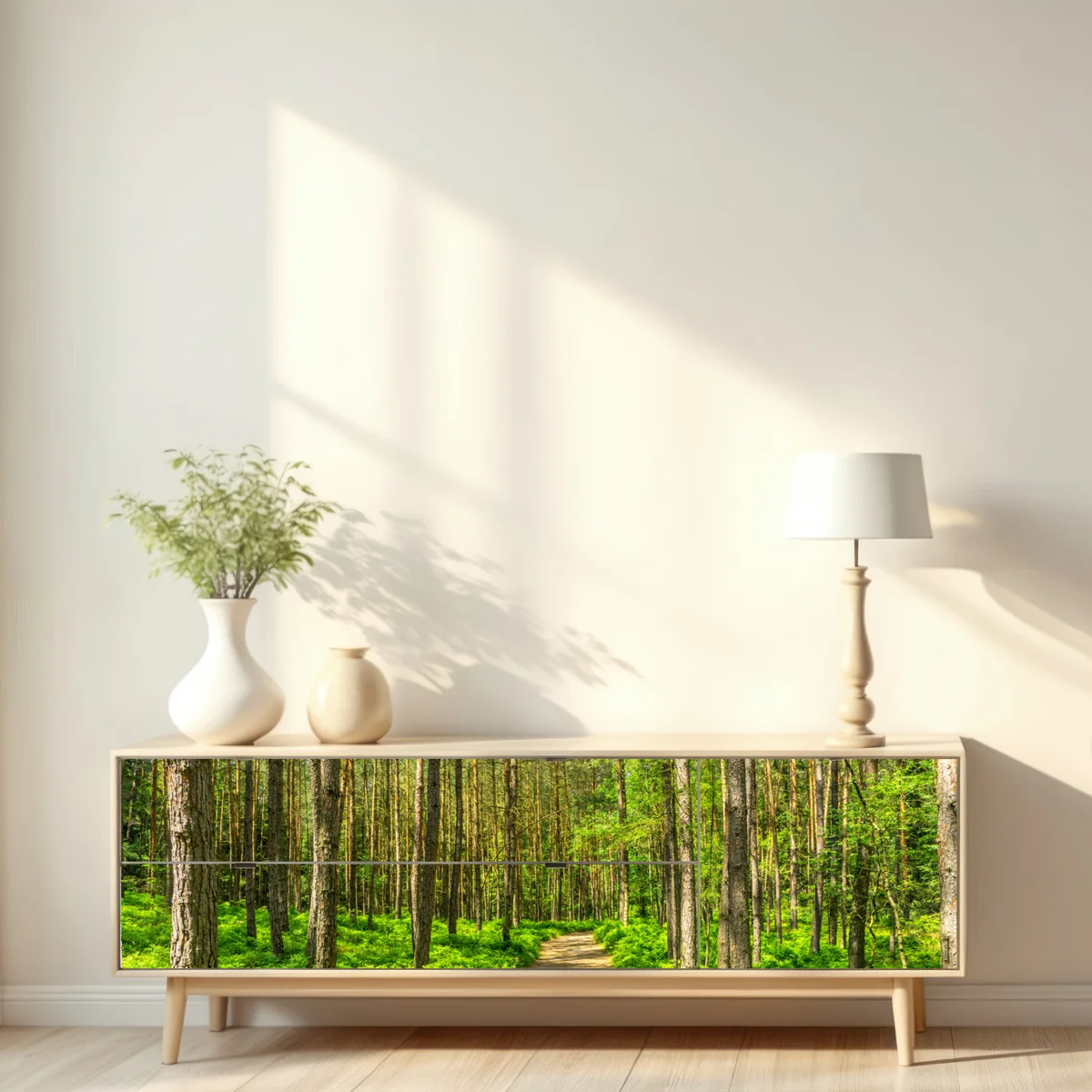 Repositionierbarer Aufkleber sonniger waldweg zwischen kiefern Repositionierbarer Aufkleber sonniger waldweg zwischen kiefern