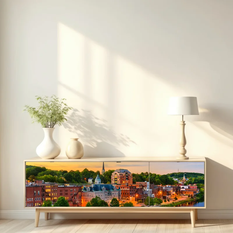 Repositionierbarer Aufkleber Augusta skyline am Kennebec River bei sonnenuntergang