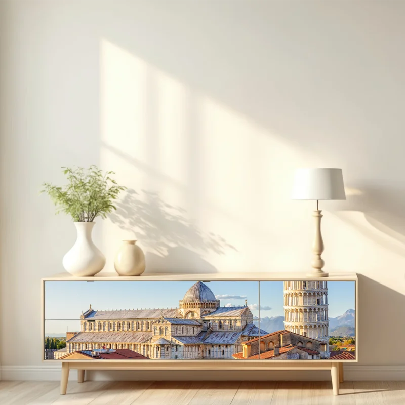 Repositionierbarer Aufkleber sonnenbeschienener blick auf den dom von Pisa und den schiefen turm