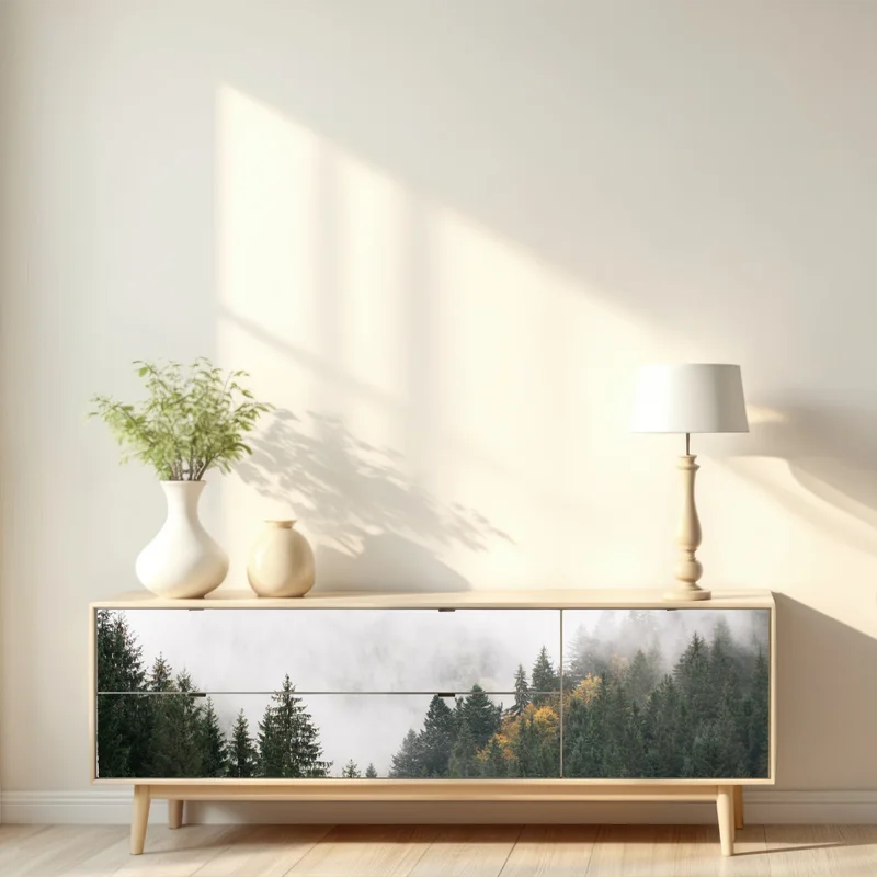 Repositionierbarer Aufkleber nebliger bergwald im dunst