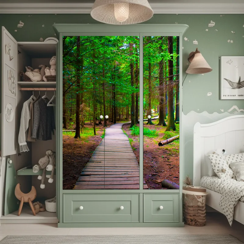 Schrankaufkleber ruhiger waldsteg im grünen