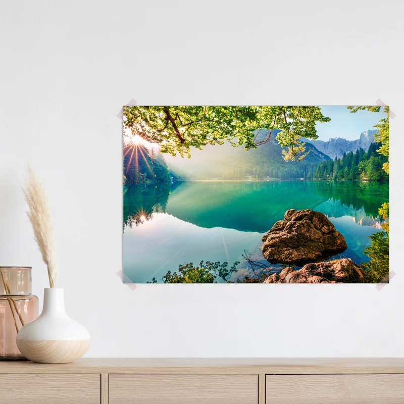 Poster morgendliche szene am Fusine-see mit Mangart Poster morgendliche szene am Fusine-see mit Mangart