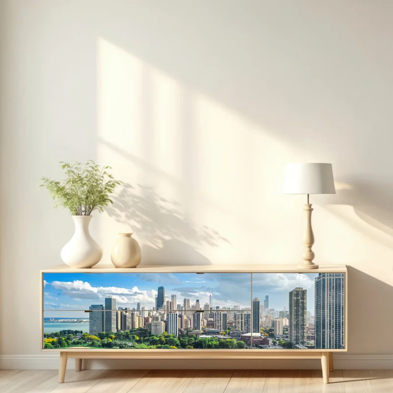 Repositionierbarer Aufkleber stadtpanorama über grünem park