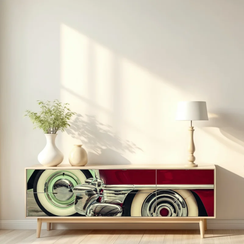 Repositionierbarer Aufkleber nahaufnahme klassischer autos in rot und mint