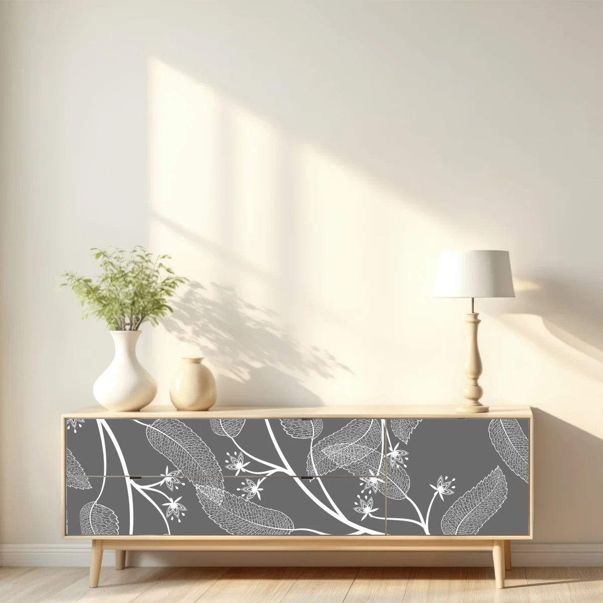 Repositionierbarer Aufkleber zarte weiße blätter auf grauem hintergrund Repositionierbarer Aufkleber zarte weiße blätter auf grauem hintergrund