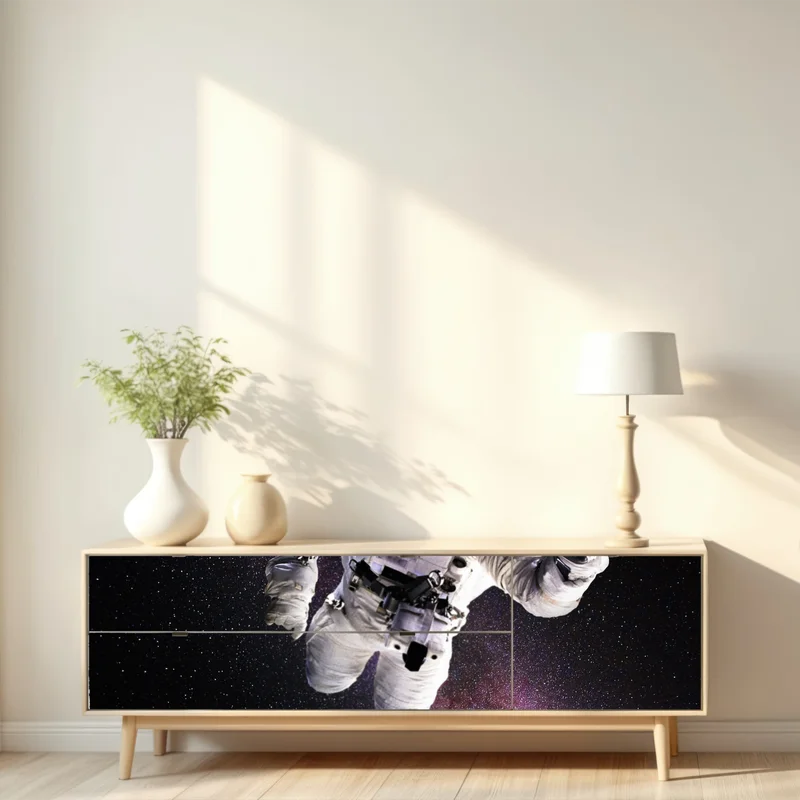 Repositionierbarer Aufkleber astronaut über der Erde und galaxie