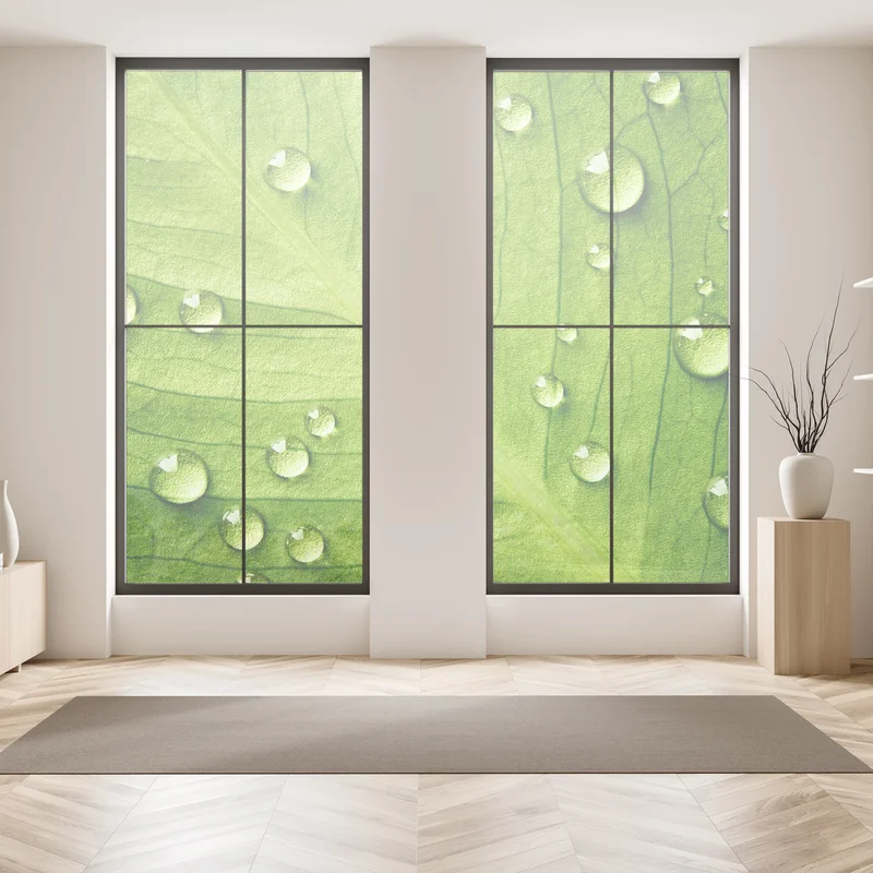 Fensteraufkleber frisches grünes blatt mit wassertropfen Fensteraufkleber frisches grünes blatt mit wassertropfen