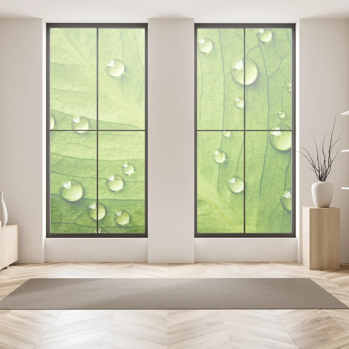 Fensteraufkleber frisches grünes blatt mit wassertropfen Fensteraufkleber frisches grünes blatt mit wassertropfen