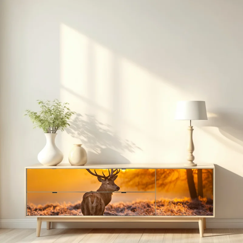 Repositionierbarer Aufkleber goldener hirsch im sonnenaufgang Repositionierbarer Aufkleber goldener hirsch im sonnenaufgang