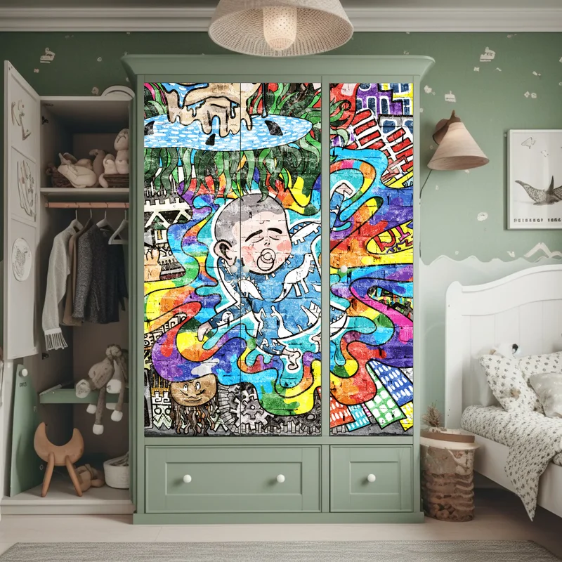 Schrankaufkleber buntes graffiti-mural mit träumendem kind