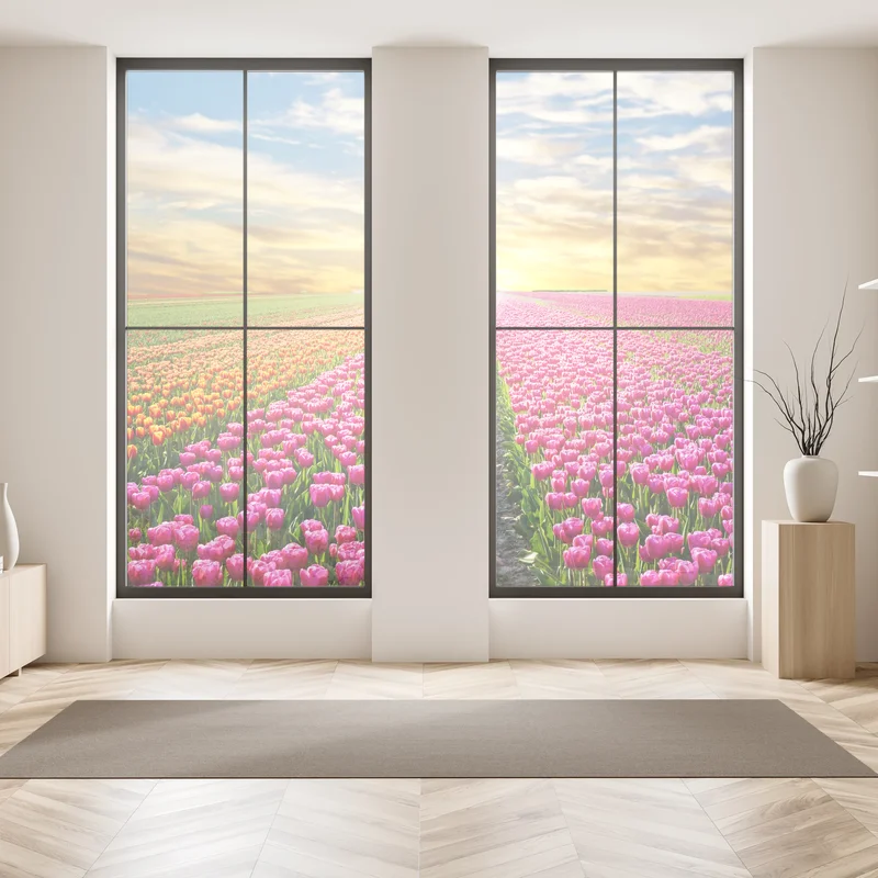 Fensteraufkleber sonnenaufgang über tulpenfeldern in den Niederlanden