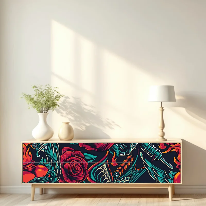 Repositionierbarer Aufkleber kräftiges tätowierungsmuster mit rosen