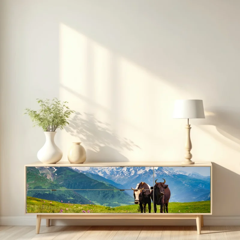 Repositionierbarer Aufkleber alpenwiese mit grastenden kühen