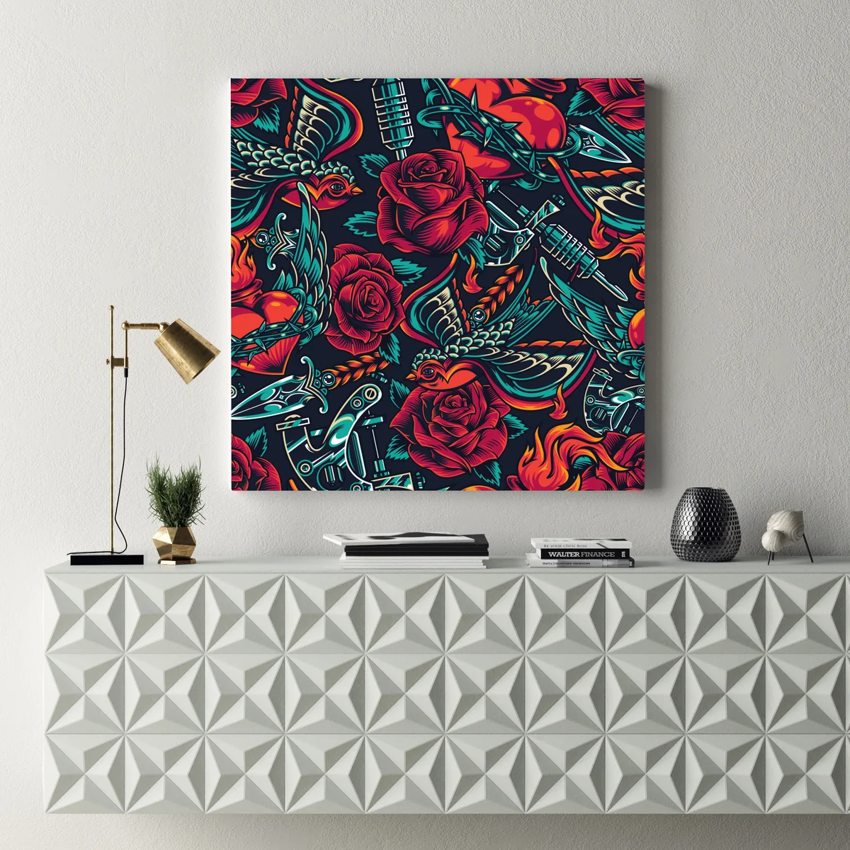 Leinwandbild kräftiges tätowierungsmuster mit rosen Leinwandbild kräftiges tätowierungsmuster mit rosen