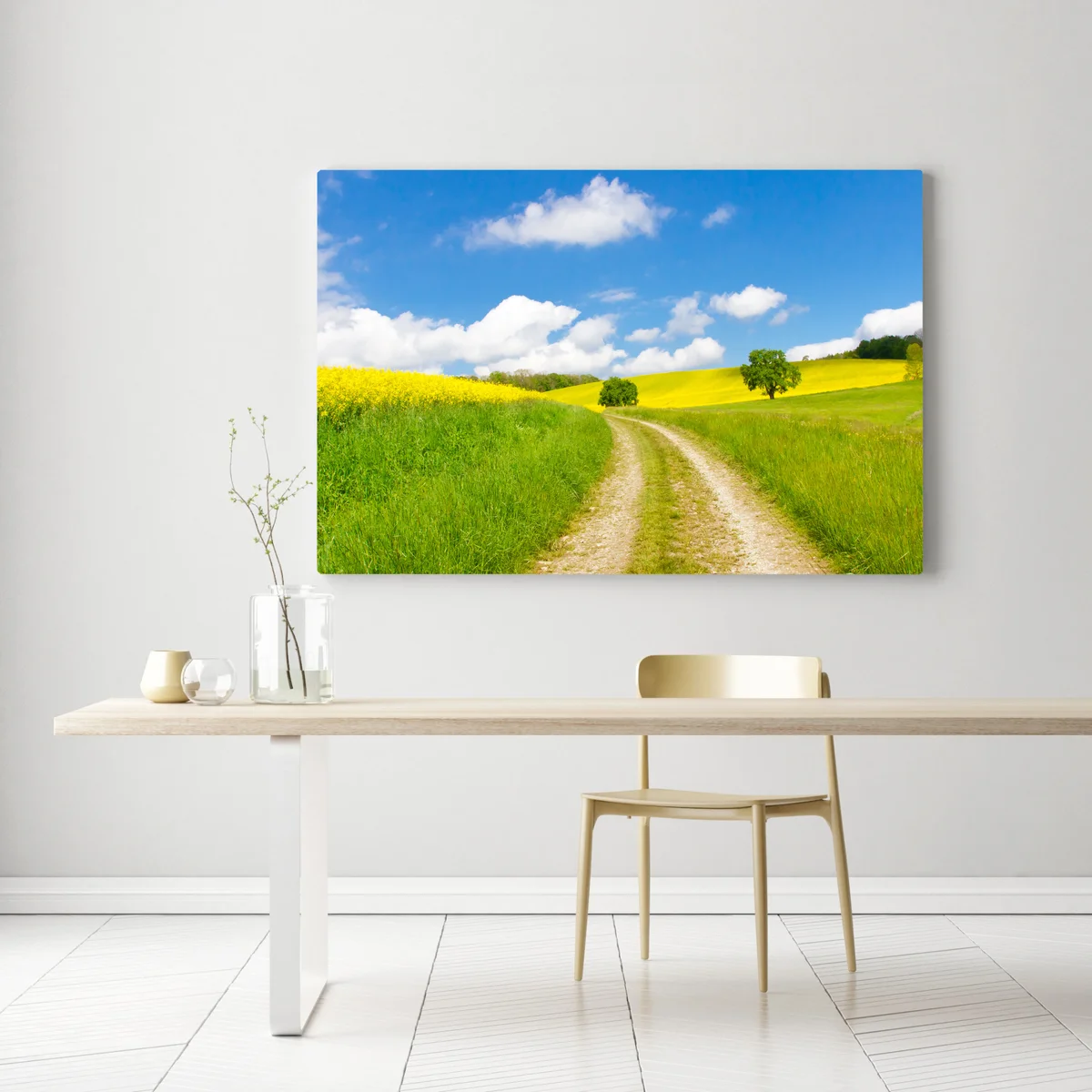 Leinwandbild sonniger landeweg durch gelbe felder Leinwandbild sonniger landeweg durch gelbe felder