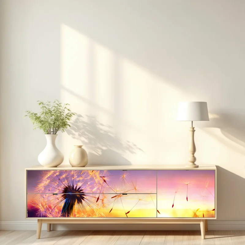 Repositionierbarer Aufkleber goldener löwenzahn bei sonnenuntergang