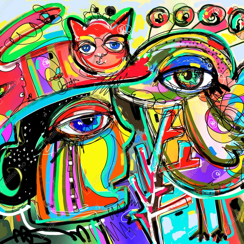 Leinwandbild lebendige abstrakte gesichter mit katze und vogel Leinwandbild lebendige abstrakte gesichter mit katze und vogel