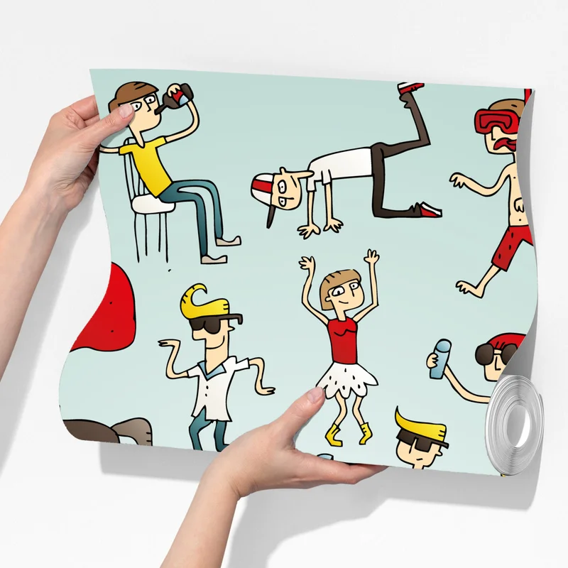 Fototapete verspielte cartoonszene auf türkisem hintergrund Fototapete verspielte cartoonszene auf türkisem hintergrund