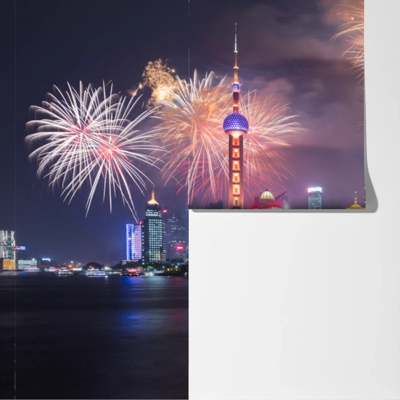 Fototapete Shanghai skyline mit feuerwerk über dem Huangpu Fototapete Shanghai skyline mit feuerwerk über dem Huangpu