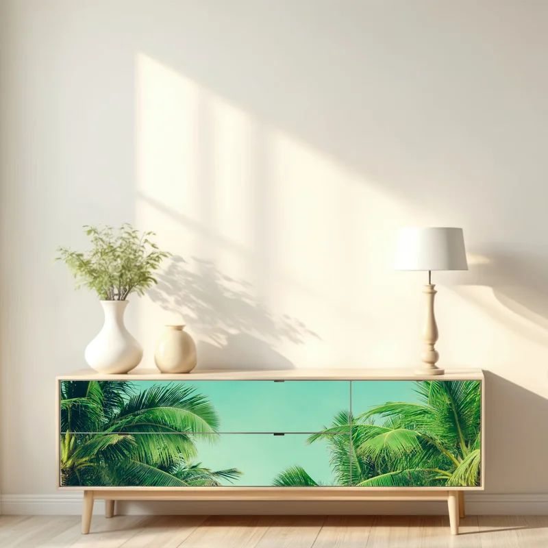 Repositionierbarer Aufkleber tropisches palmendach unter türkisfarbenem himmel