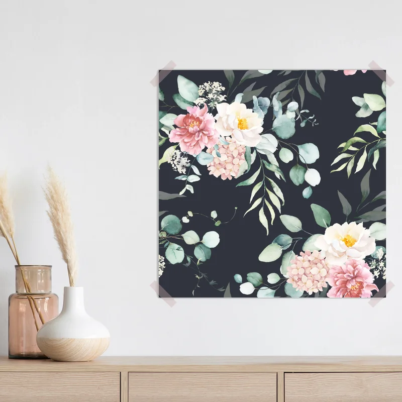 Poster elegantes aquarell-blumenmuster auf dunklem hintergrund Poster elegantes aquarell-blumenmuster auf dunklem hintergrund