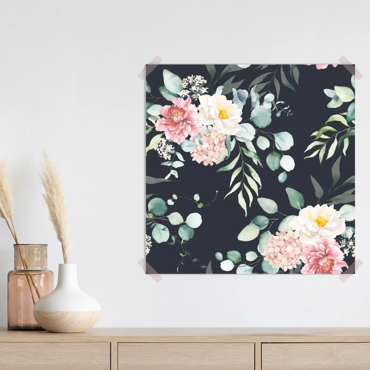 Poster elegantes aquarell-blumenmuster auf dunklem hintergrund Poster elegantes aquarell-blumenmuster auf dunklem hintergrund