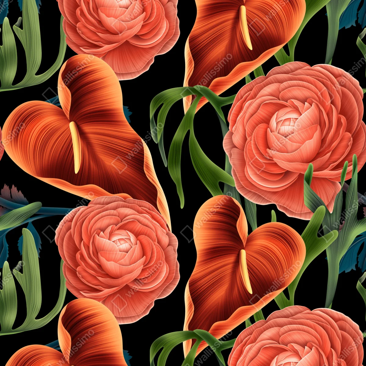 Fensteraufkleber lebhaftes korallenblumenmuster auf schwarzem hintergrund Fensteraufkleber lebhaftes korallenblumenmuster auf schwarzem hintergrund