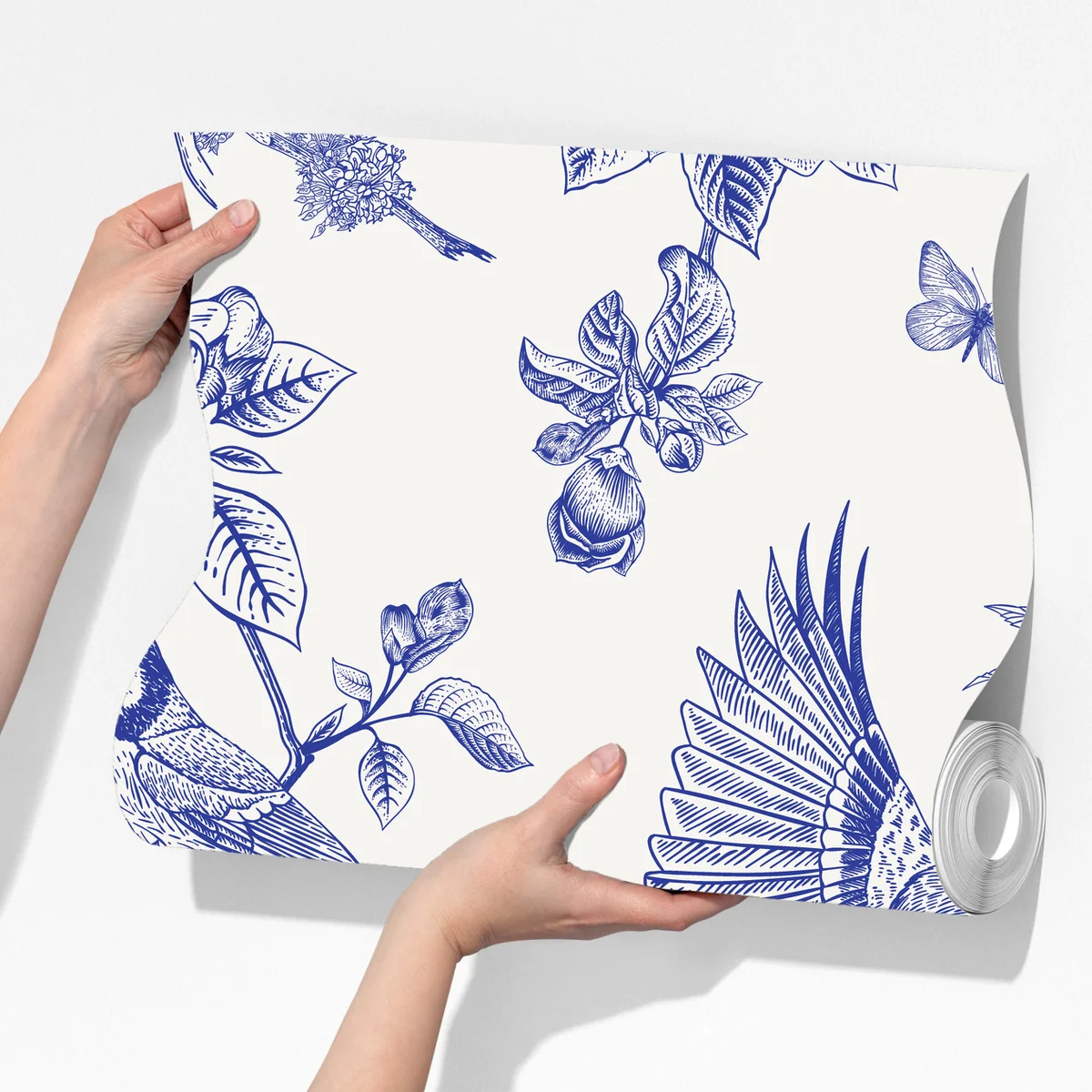 Fototapete blaues muster mit vögeln und blüten im vintage-stil Fototapete blaues muster mit vögeln und blüten im vintage-stil