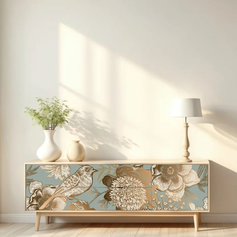 Repositionierbarer Aufkleber vintage botanisches blumenmotiv mit vogel