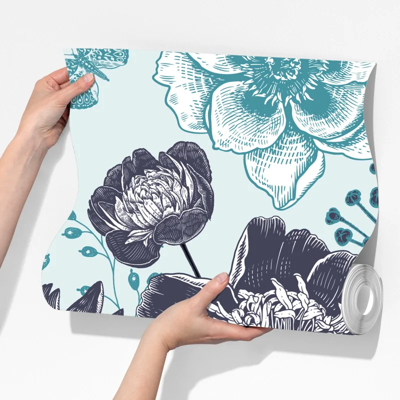 Fototapete blumiges peonienmuster in türkis und marineblau Fototapete blumiges peonienmuster in türkis und marineblau