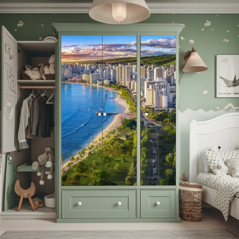 Schrankaufkleber skyline einer küstenstadt bei sonnenuntergang Schrankaufkleber skyline einer küstenstadt bei sonnenuntergang