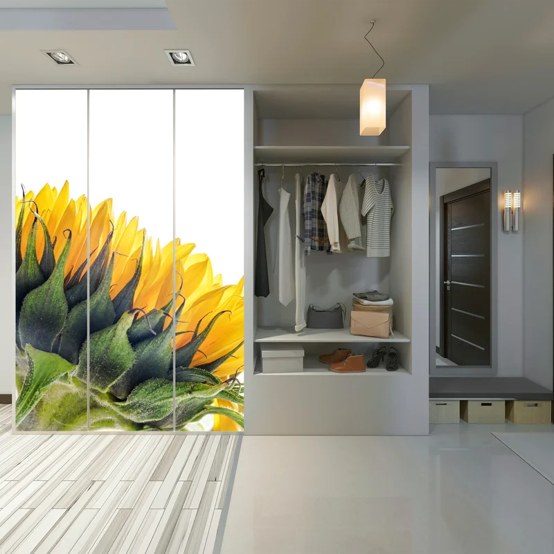 Schrankaufkleber sonnenblume in der ecke auf weißem hintergrund