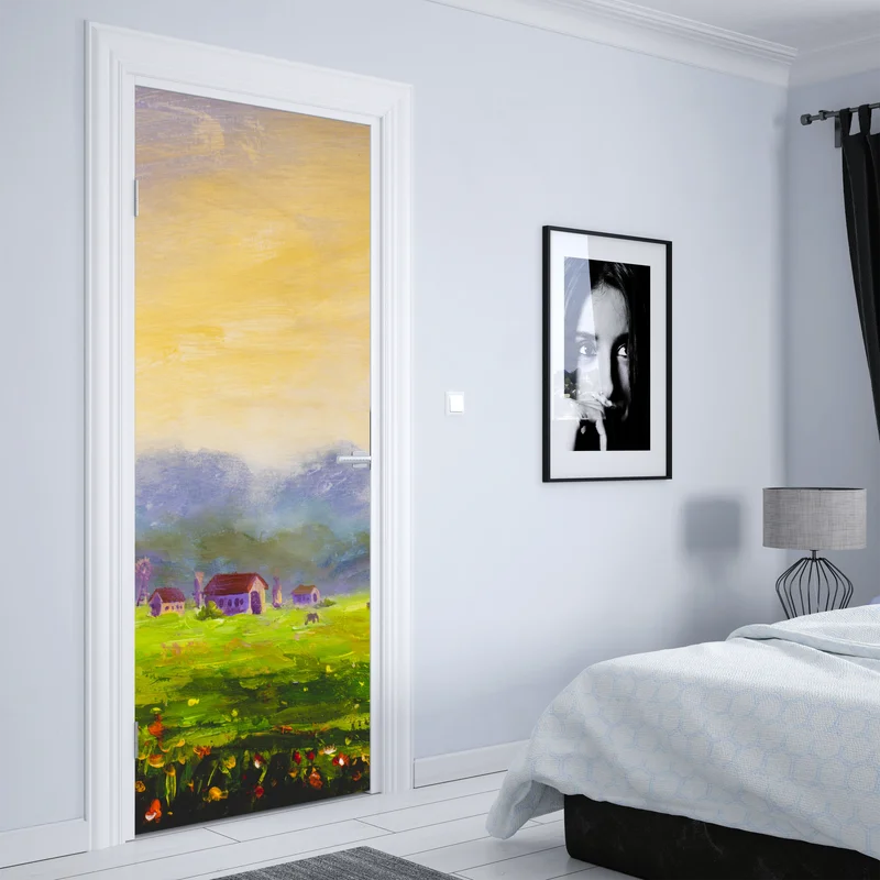 Türaufkleber sonnenaufgang über der sommerwiese