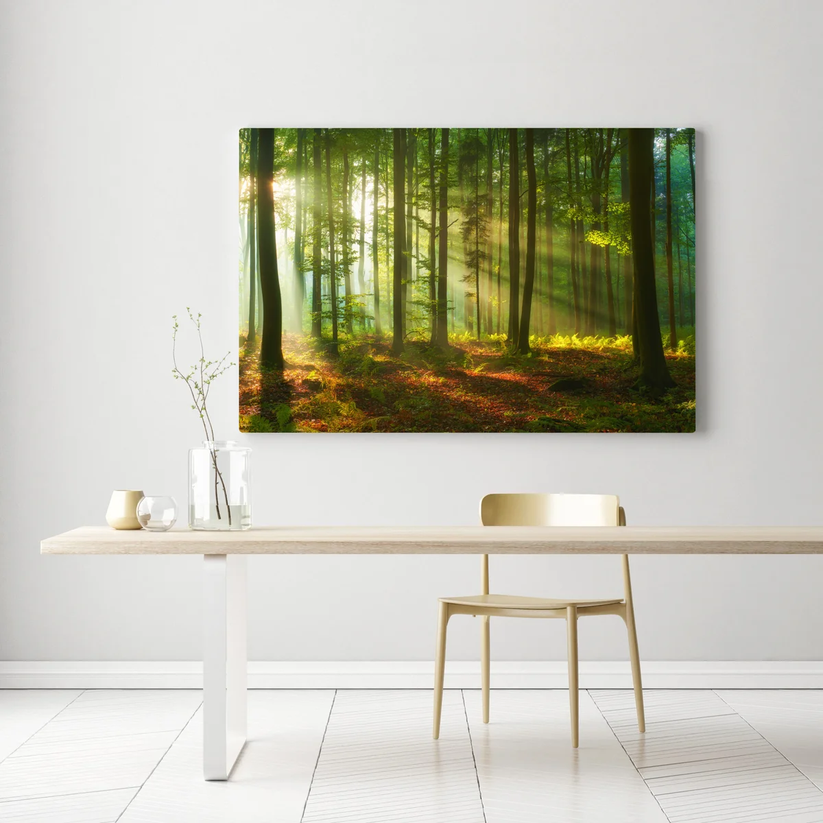 Leinwandbild morgendliches licht im grünen wald Leinwandbild morgendliches licht im grünen wald