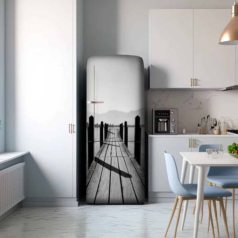 Kühlschrankaufkleber ruhiger steg am see in schwarzweiß Kühlschrankaufkleber ruhiger steg am see in schwarzweiß