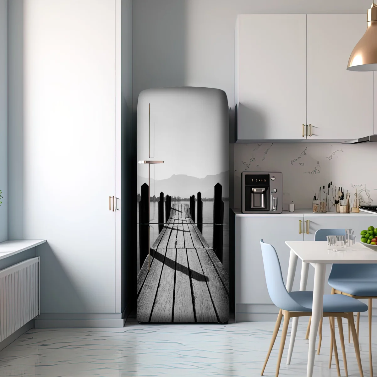 Kühlschrankaufkleber ruhiger steg am see in schwarzweiß Kühlschrankaufkleber ruhiger steg am see in schwarzweiß