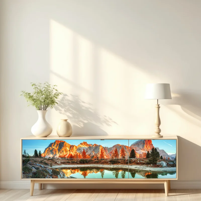 Repositionierbarer Aufkleber alpiner sonnenaufgang über bergsee