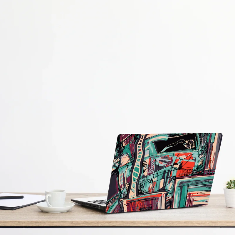 Naklejka na laptopa turkusowo-koralowa abstrakcyjna kompozycja