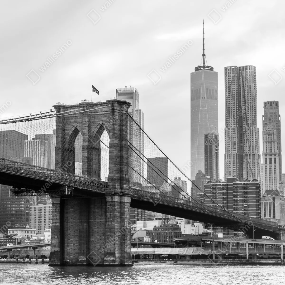 Leinwandbild Brooklyn Bridge und New York skyline in graustufen Leinwandbild Brooklyn Bridge und New York skyline in graustufen